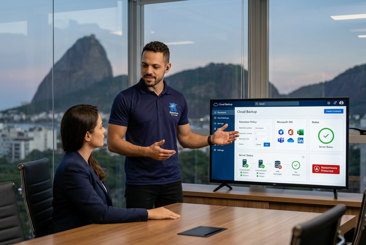 Técnico da Resolve Tecnologias apresentando backup corporativo e recuperação de dados para empresa no Rio de Janeiro