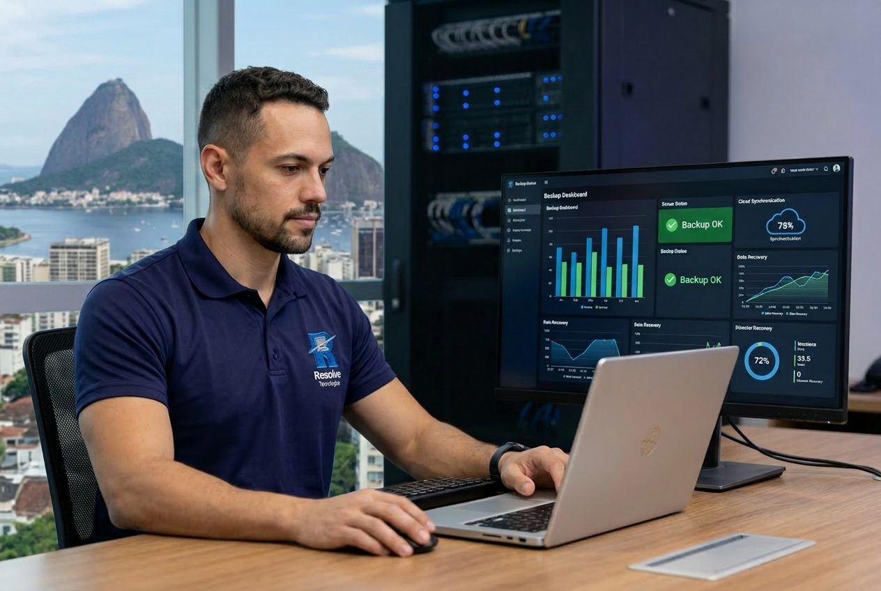 Técnico da Resolve Tecnologias analisando dashboard de backup corporativo e recuperação de dados no Rio de Janeiro