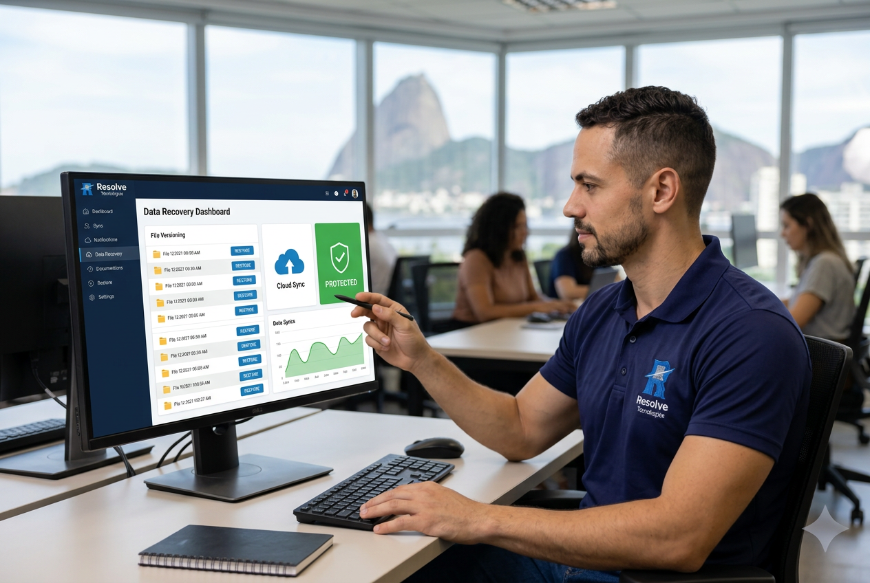 Técnico da Resolve Tecnologias analisando recuperação de dados corporativos no Rio de Janeiro