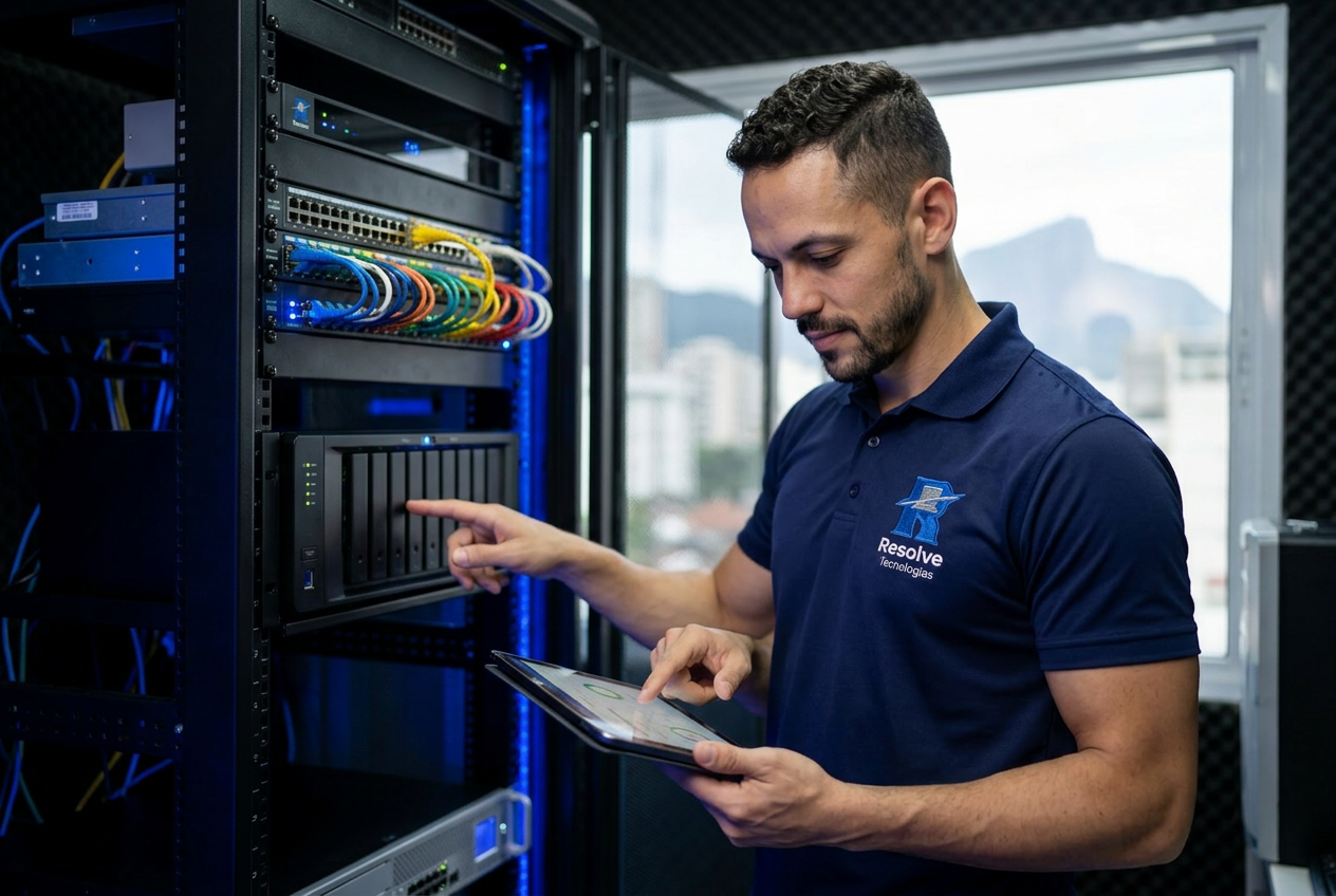 Técnico da Resolve Tecnologias verificando backup de servidores corporativos no Rio de Janeiro