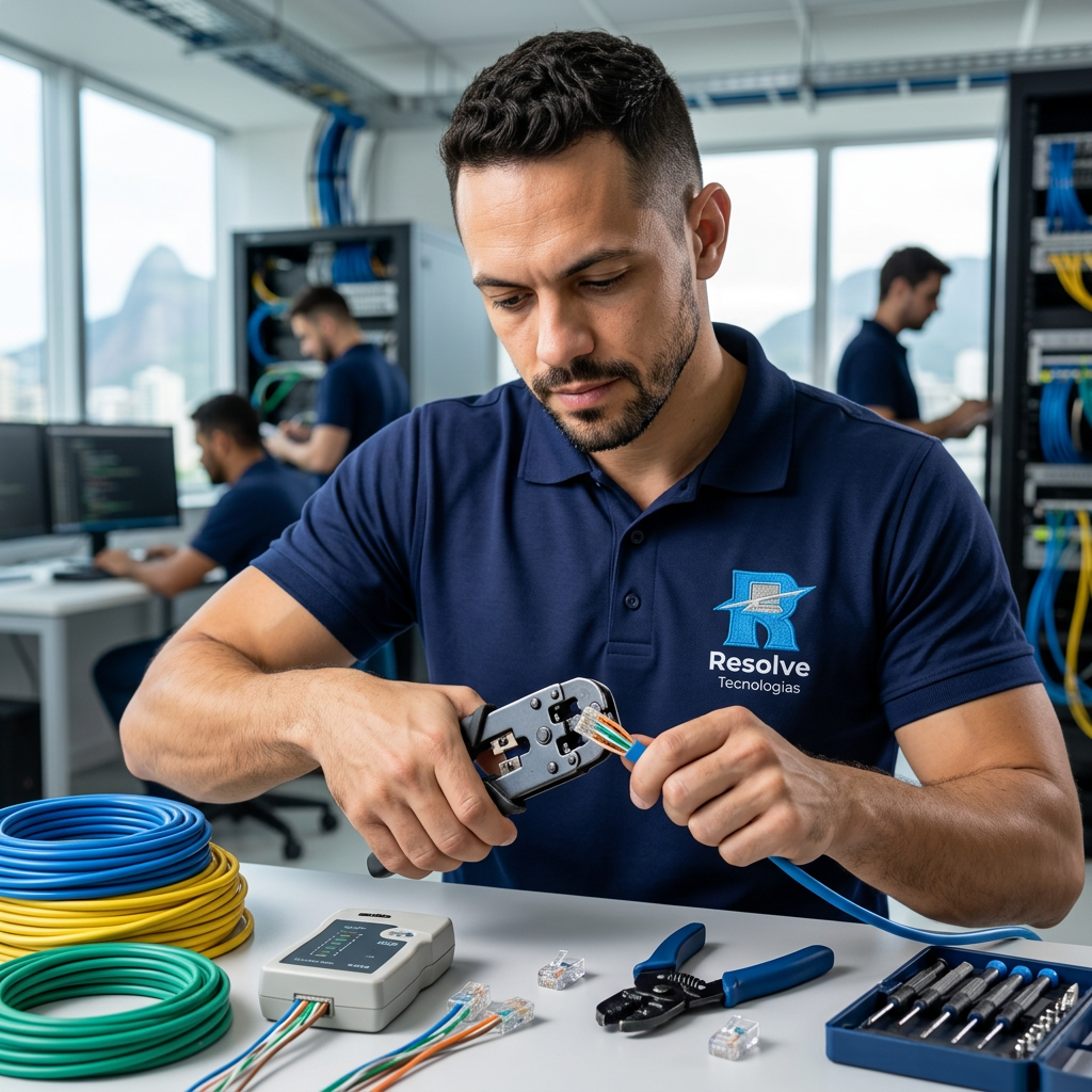 Técnico da Resolve Tecnologias realizando crimpagem de cabo RJ45 para cabeamento estruturado