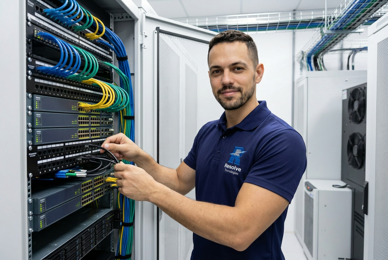 Técnico da Resolve Tecnologias realizando cabeamento estruturado em rack corporativo no Rio de Janeiro