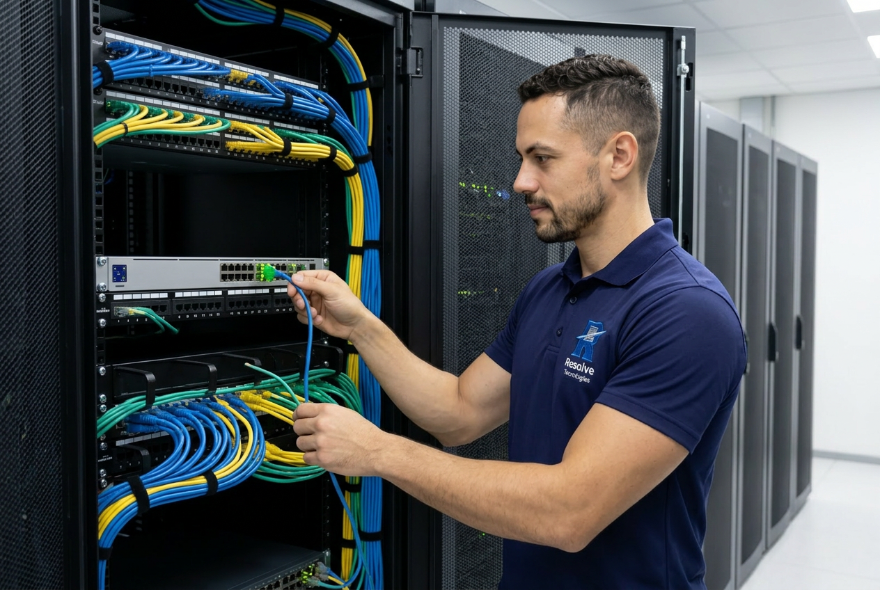 Técnico da Resolve Tecnologias organizando rack e patch panel em ambiente corporativo no Rio de Janeiro
