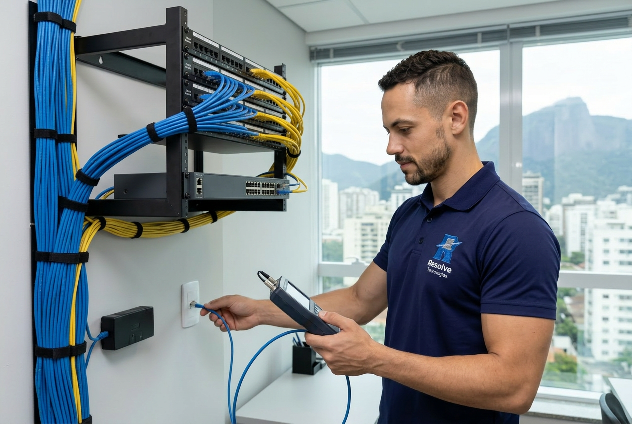 Técnico da Resolve Tecnologias verificando infraestrutura de rede e cabeamento estruturado em empresa no Rio de Janeiro