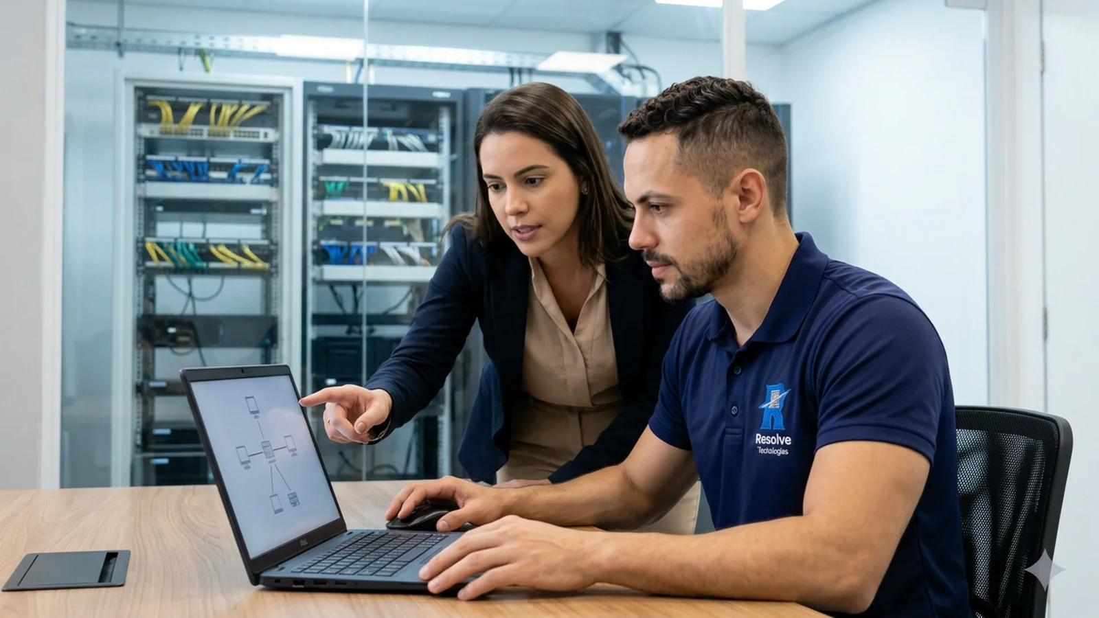 Técnico oficial da Suporte de TI - Resolve Tecnologias em colaboração com uma profissional de TI; composição ilustrativa