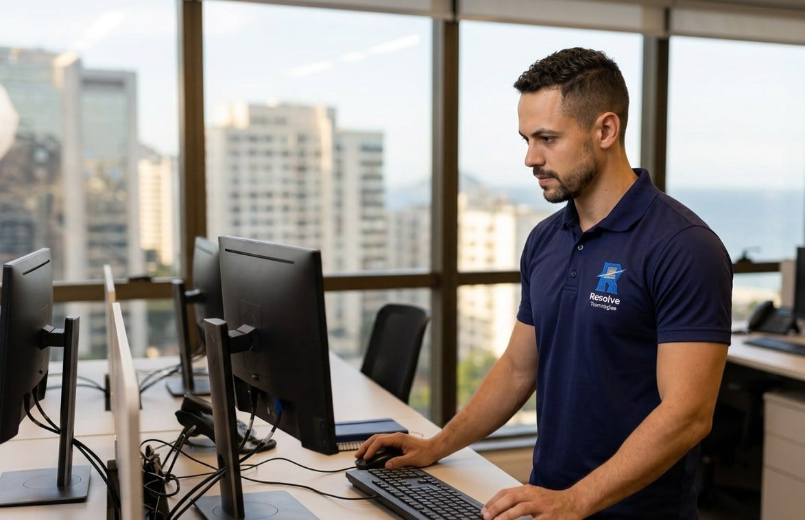 Técnico da Suporte de TI - Resolve Tecnologias em uniforme oficial diagnosticando computador corporativo lento em escritório no Rio de Janeiro