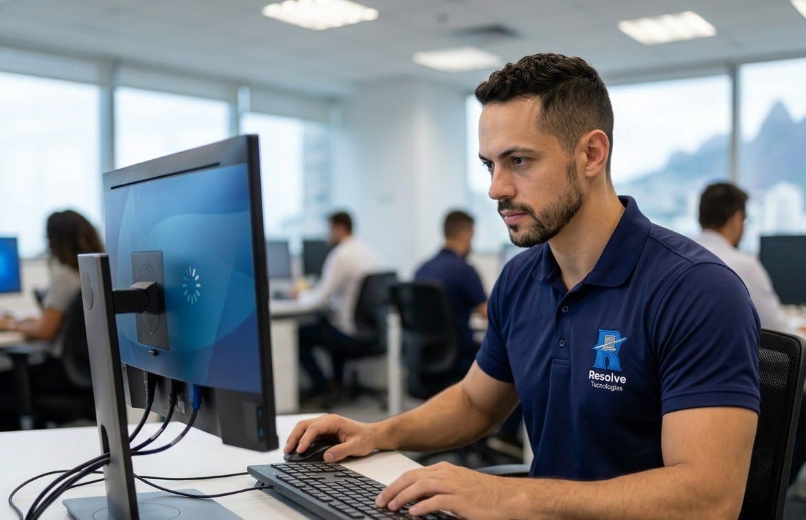 Técnico da Suporte de TI - Resolve Tecnologias em uniforme oficial analisando computador corporativo travado em escritório no Rio de Janeiro