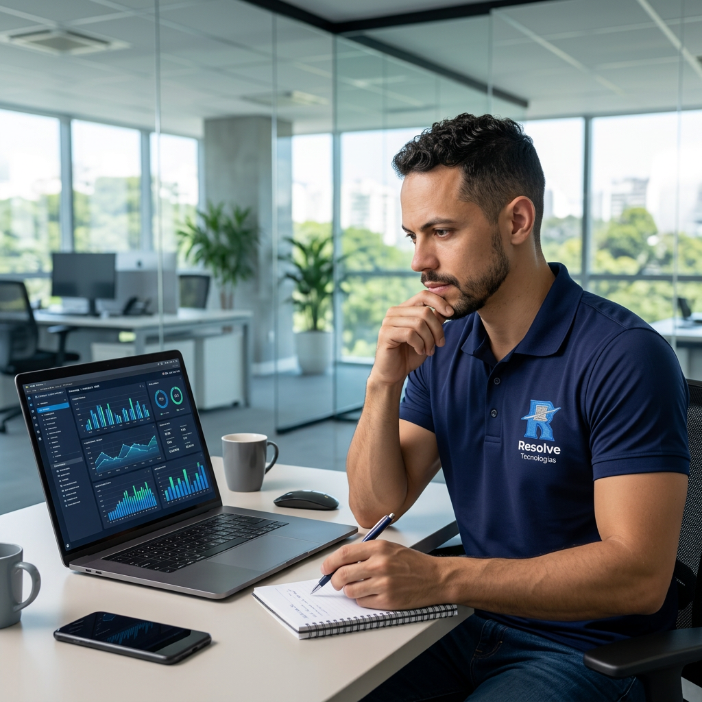 Consultor da Resolve Tecnologias analisando ambiente de TI em empresa no Rio de Janeiro