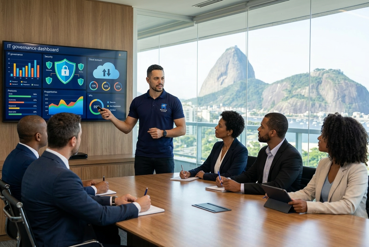 Consultor da Resolve Tecnologias apresentando diagnóstico e roadmap de TI para gestores no Rio de Janeiro