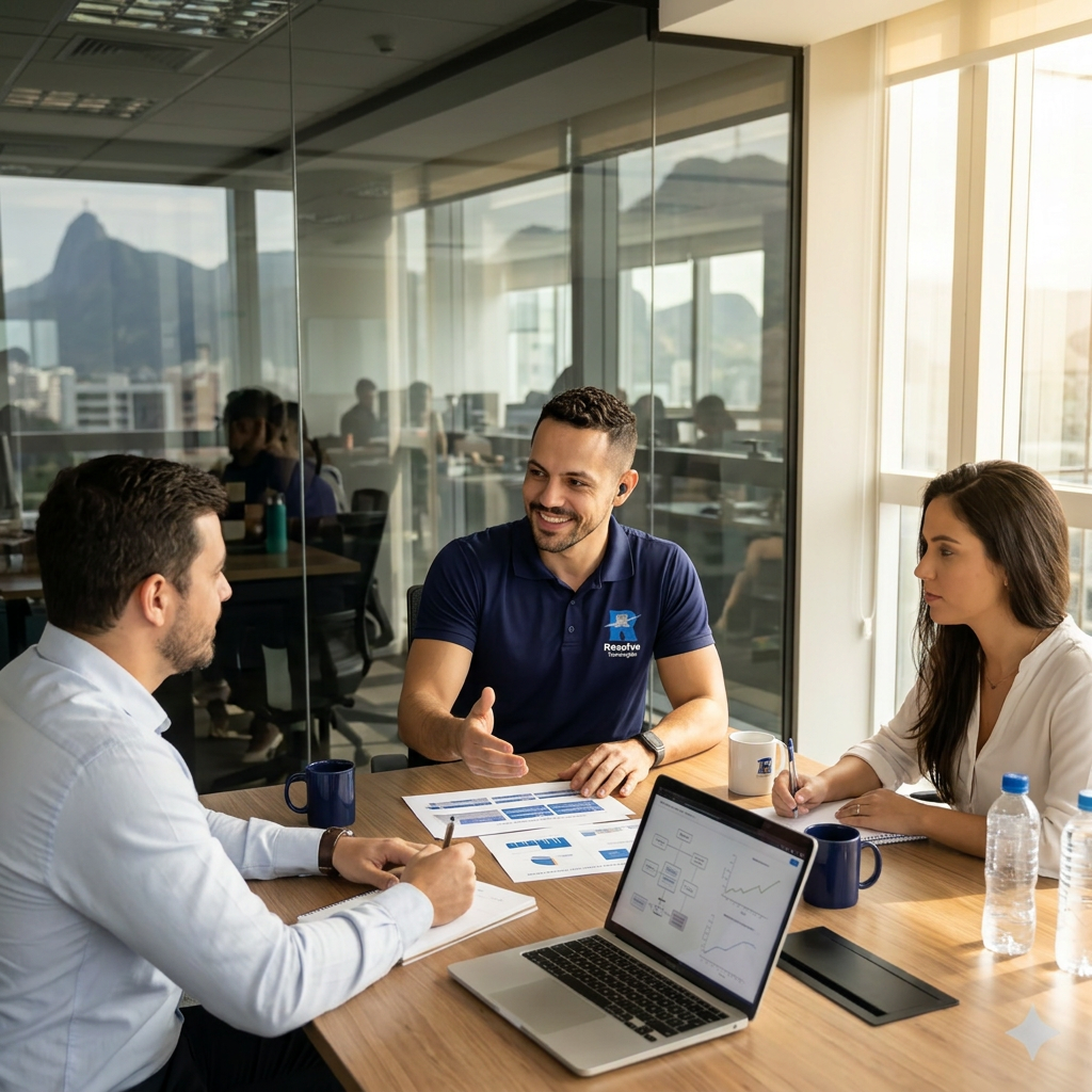 Reunião de consultoria de TI da Resolve Tecnologias com gestores no Rio de Janeiro
