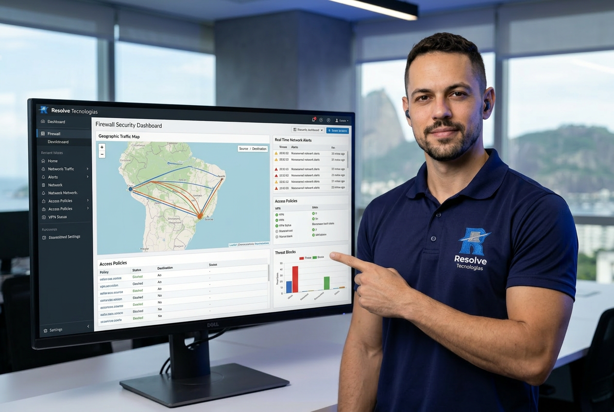 Técnico da Resolve Tecnologias analisando firewall corporativo e segurança de rede no Rio de Janeiro