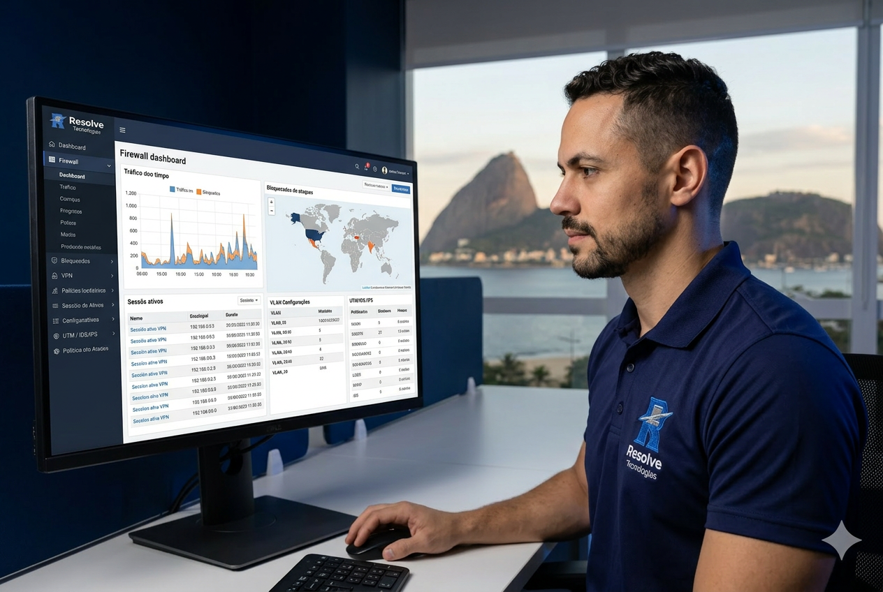 Técnico da Resolve Tecnologias analisando monitoramento de firewall corporativo para empresas