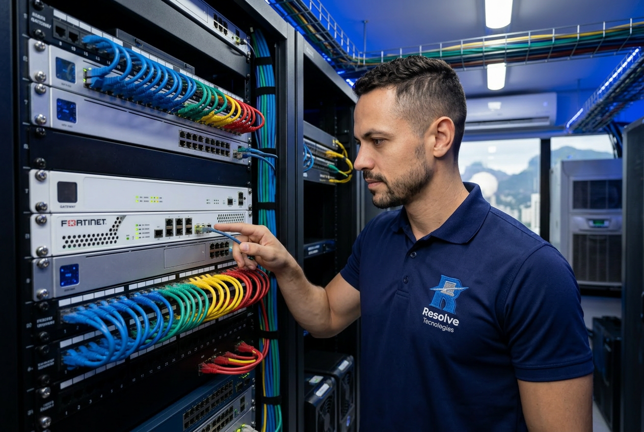 Técnico da Resolve Tecnologias verificando infraestrutura de firewall corporativo no Rio de Janeiro