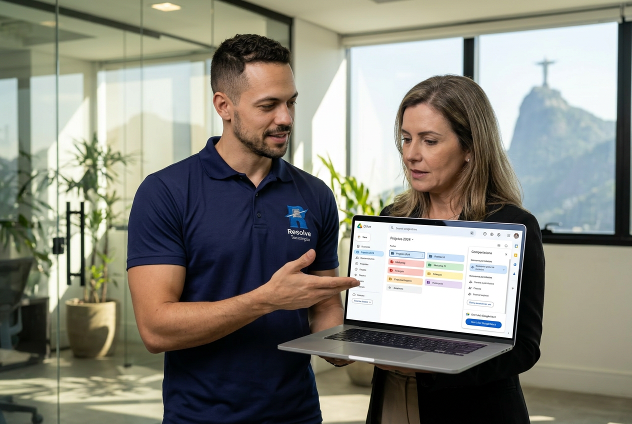 Técnico da Resolve Tecnologias apresentando Google Workspace para gestores no Rio de Janeiro