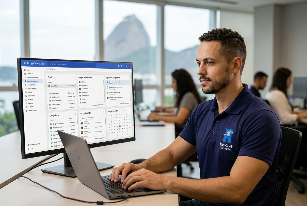 Técnico da Resolve Tecnologias configurando Google Workspace para empresas no Rio de Janeiro