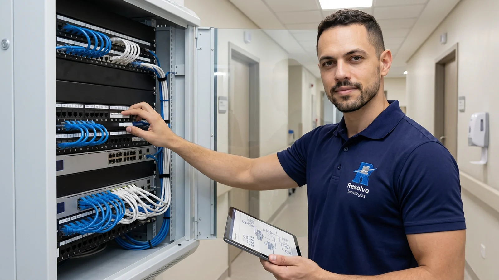 Técnico oficial da Suporte de TI - Resolve Tecnologias verificando rede em ambiente hospitalar; composição ilustrativa, não retrato de cliente identificado
