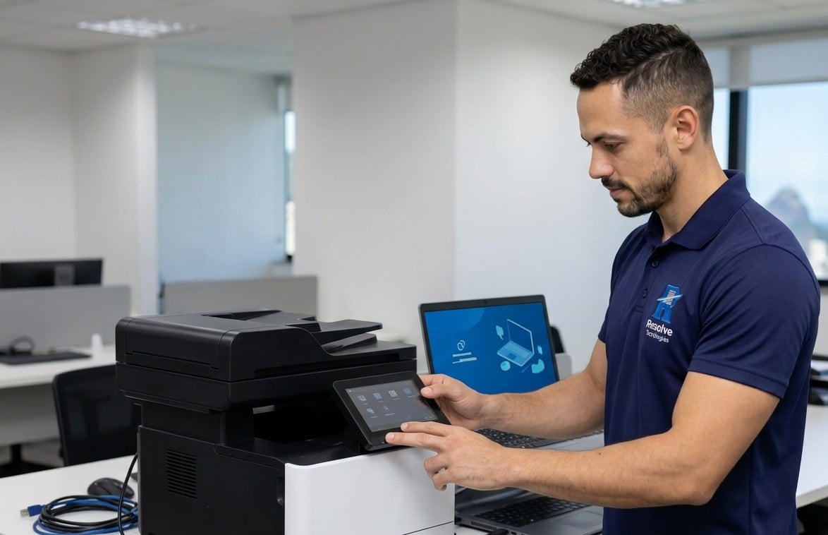 Técnico da Suporte de TI - Resolve Tecnologias em uniforme oficial configurando impressora multifuncional corporativa em escritório no Rio de Janeiro
