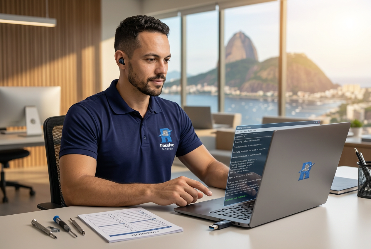 Técnico da Resolve Tecnologias analisando computador corporativo em empresa no Rio de Janeiro