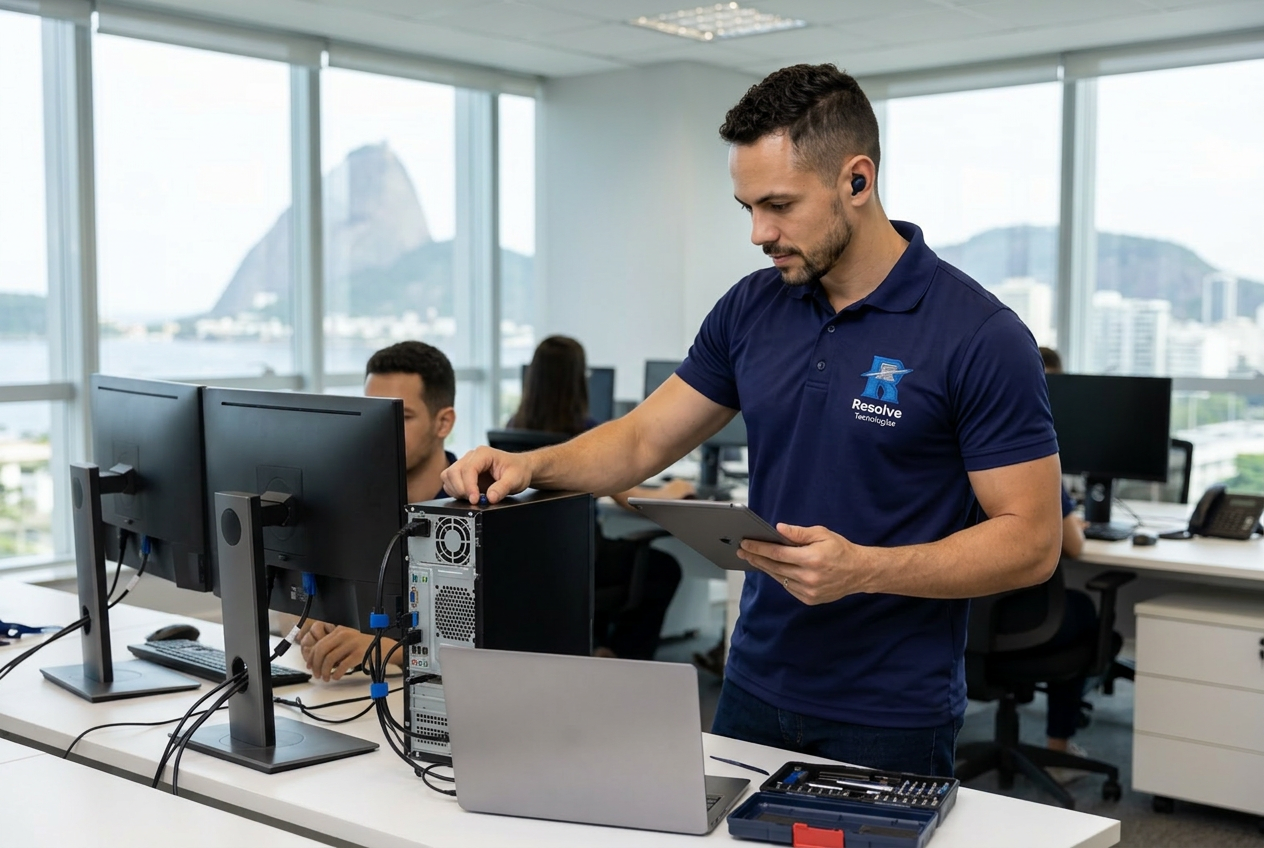 Técnico da Resolve Tecnologias analisando estação de trabalho corporativa no Rio de Janeiro