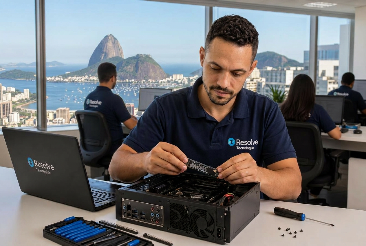 Técnico da Resolve Tecnologias realizando manutenção de computador empresarial no Rio de Janeiro