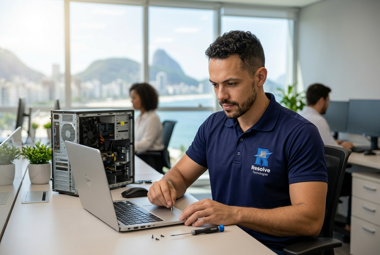 Técnico da Resolve Tecnologias realizando manutenção de computadores corporativos no Rio de Janeiro