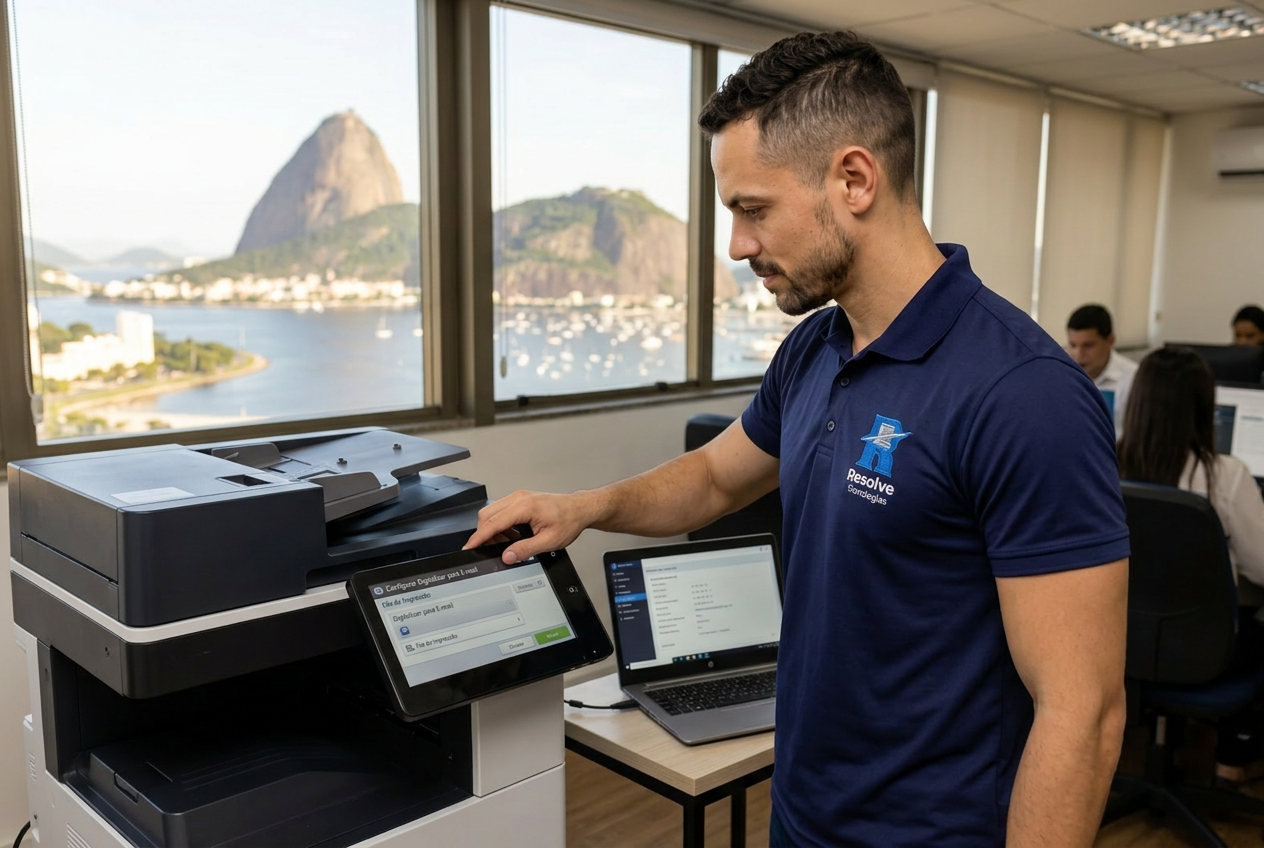 Técnico da Resolve Tecnologias analisando impressora em rede corporativa no Rio de Janeiro