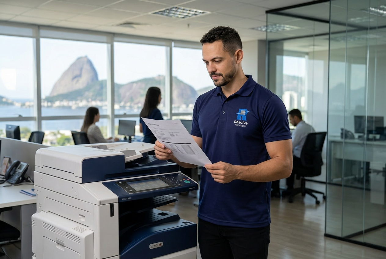 Técnico da Resolve Tecnologias verificando impressora corporativa em empresa no Rio de Janeiro