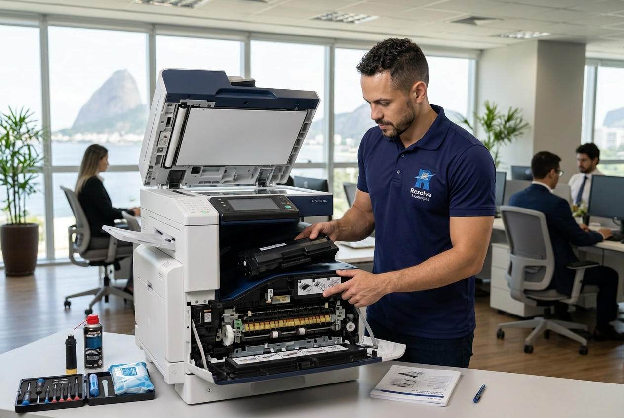 Técnico da Resolve Tecnologias realizando manutenção em impressora corporativa no Rio de Janeiro
