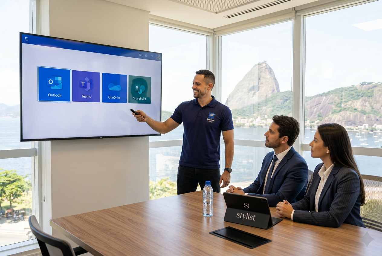 Técnico da Resolve Tecnologias apresentando solução Microsoft 365 para empresas no Rio de Janeiro