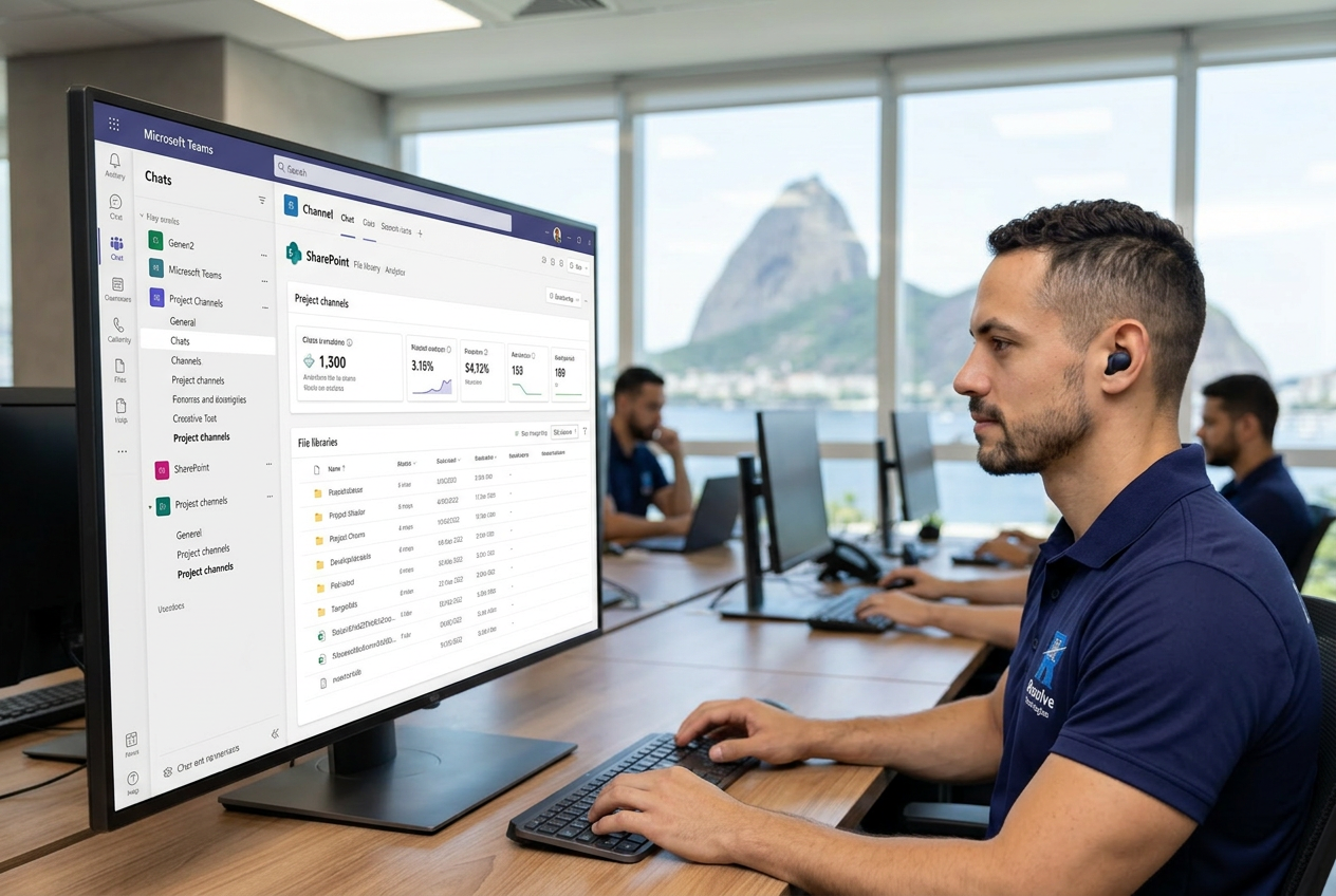 Técnico da Resolve Tecnologias analisando ambiente Microsoft 365 corporativo no Rio de Janeiro