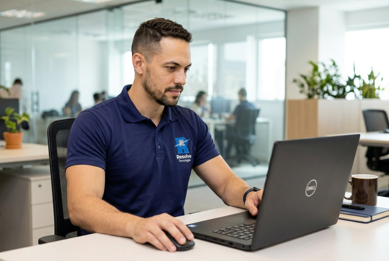 Técnico da Resolve Tecnologias configurando Microsoft 365 para empresa no Rio de Janeiro