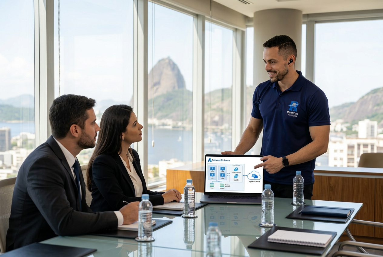 Técnico da Resolve Tecnologias apresentando Microsoft Azure para empresas no Rio de Janeiro