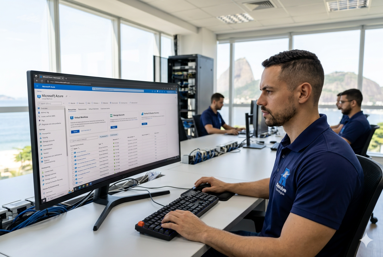 Técnico da Resolve Tecnologias configurando Microsoft Azure para empresas no Rio de Janeiro