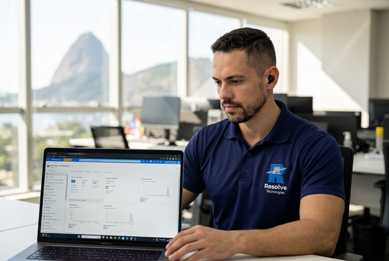 Técnico da Resolve Tecnologias analisando Microsoft Azure para empresa no Rio de Janeiro