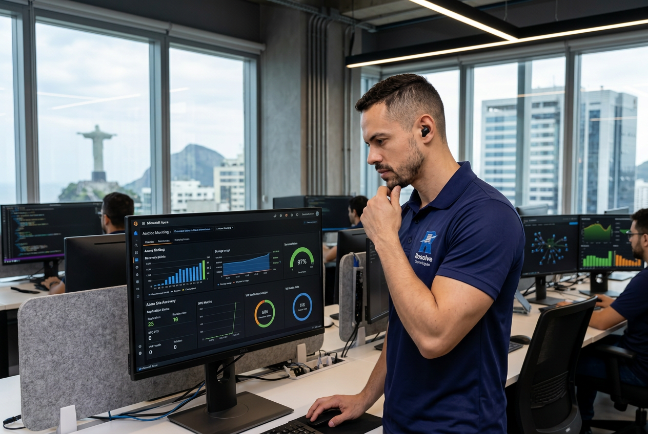 Técnico da Resolve Tecnologias monitorando backup e servidores no Microsoft Azure no Rio de Janeiro
