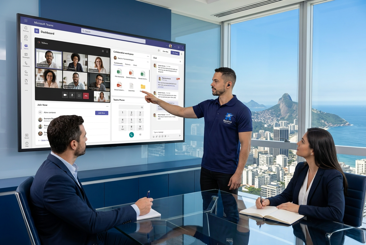 Técnico da Resolve Tecnologias apresentando Microsoft Teams para empresas no Rio de Janeiro