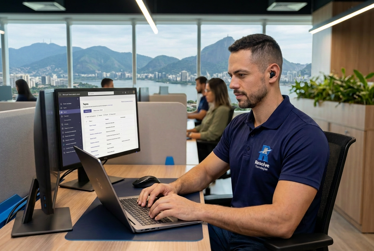 Técnico da Resolve Tecnologias configurando Microsoft Teams para empresas no Rio de Janeiro