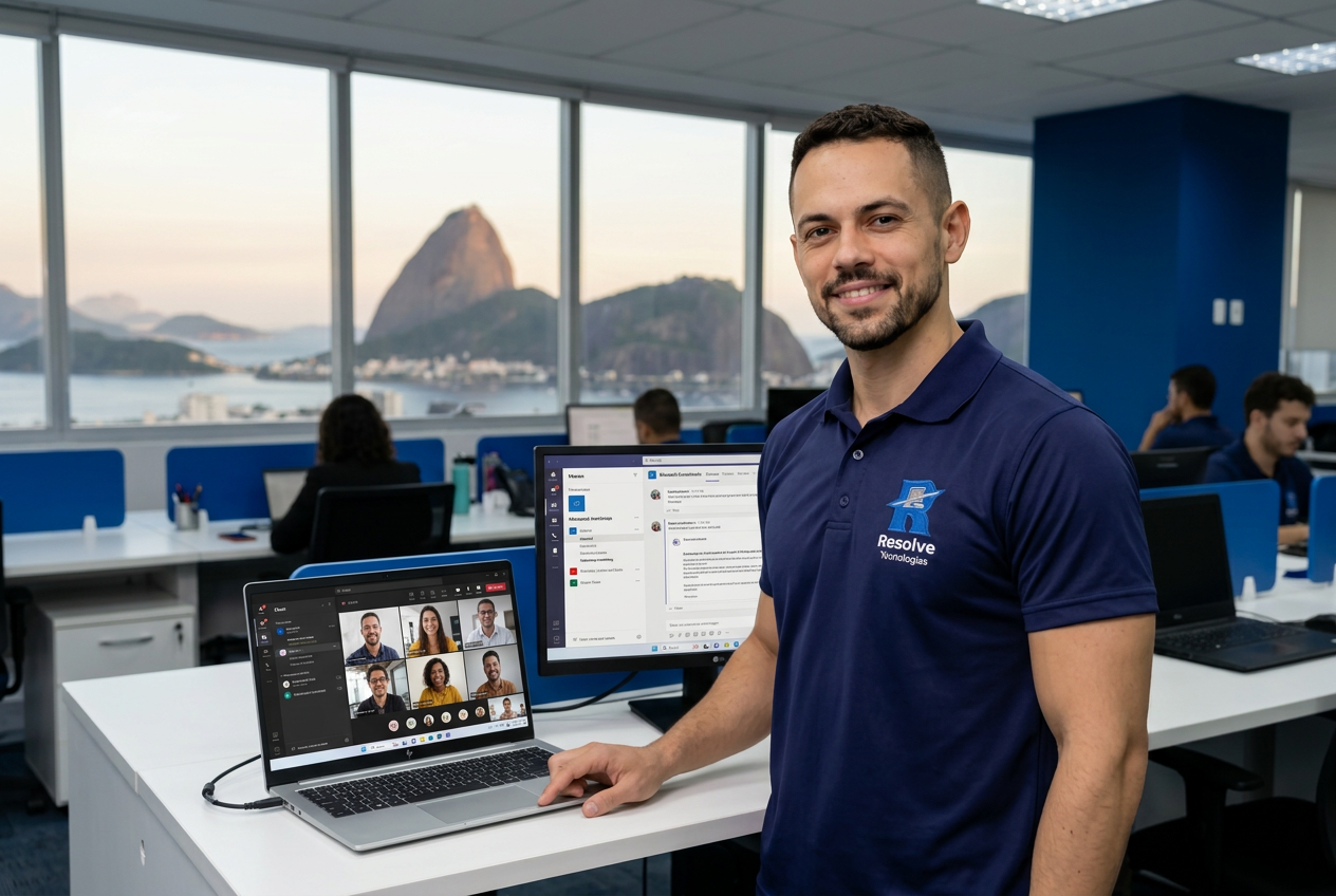 Técnico da Resolve Tecnologias apresentando Microsoft Teams para empresas no Rio de Janeiro