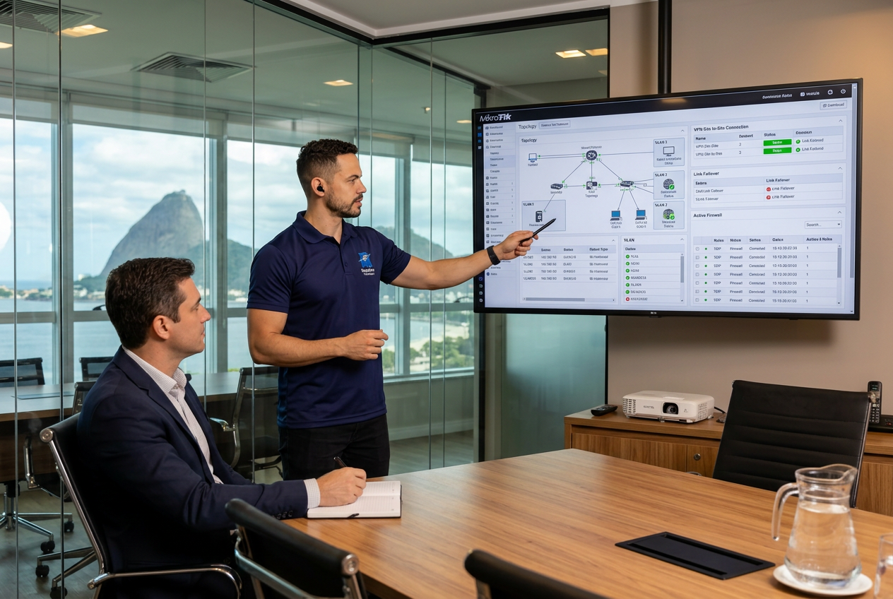 Técnico da Resolve Tecnologias apresentando solução Mikrotik para empresa no Rio de Janeiro