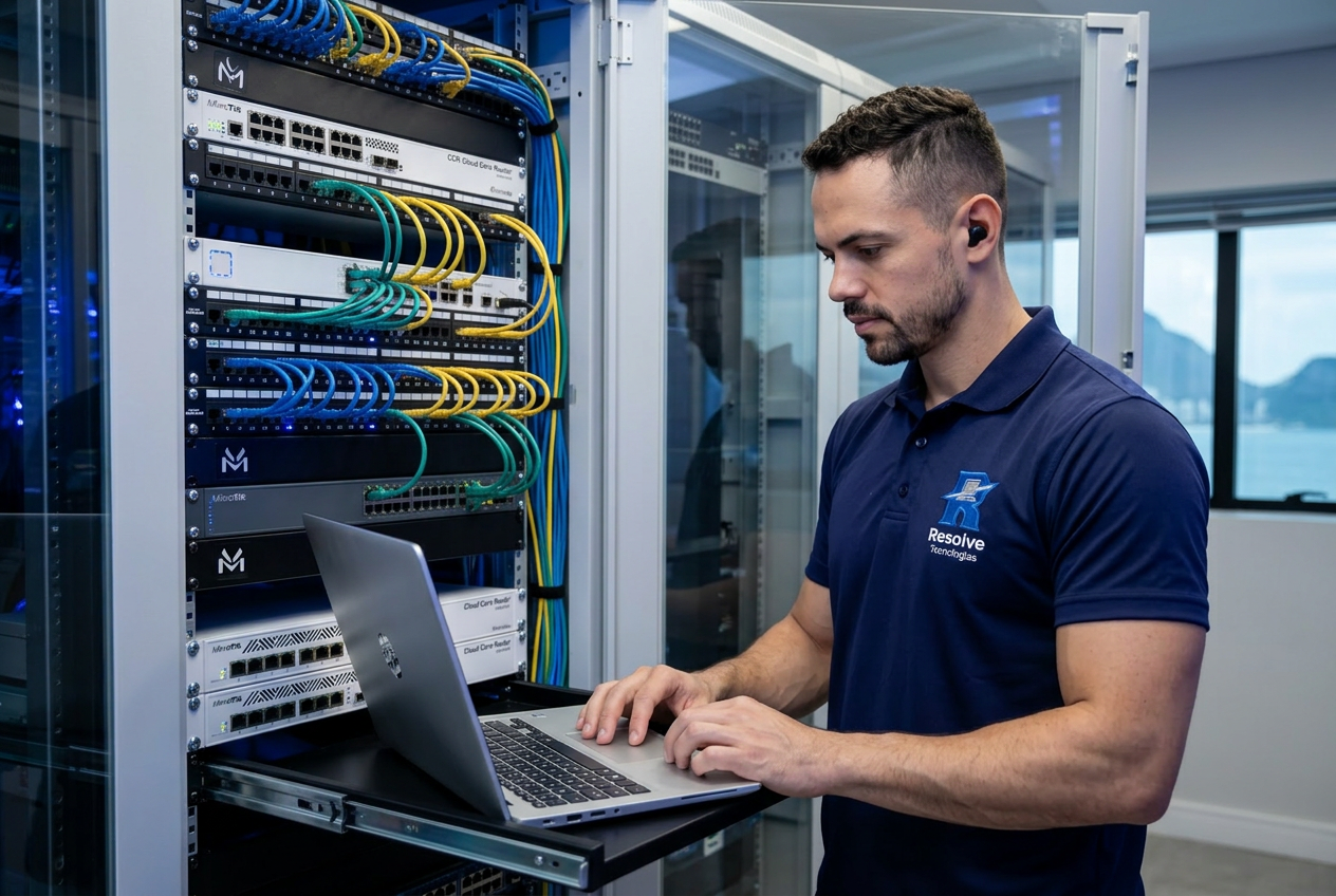 Técnico da Resolve Tecnologias configurando Mikrotik para empresa no Rio de Janeiro