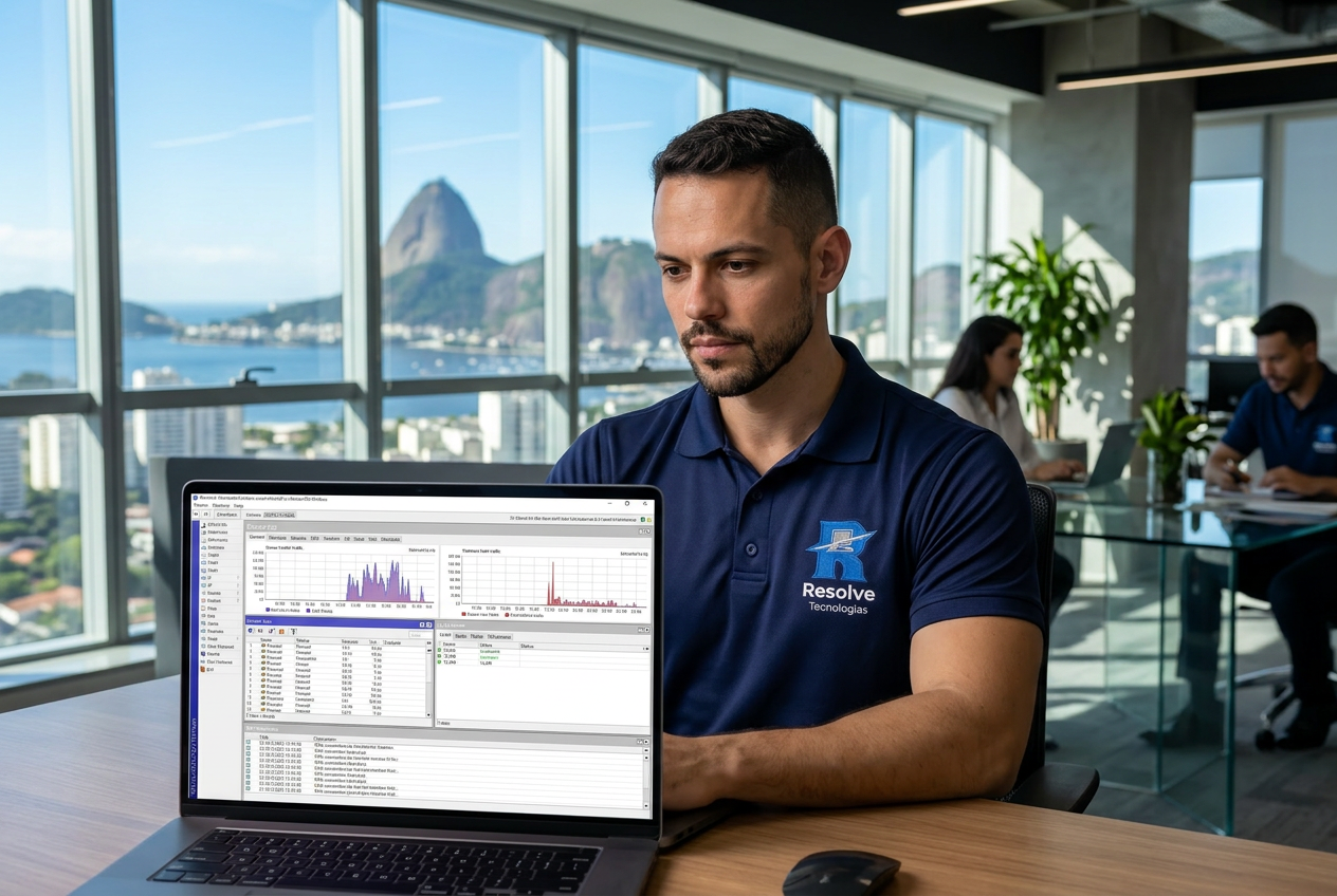 Técnico da Resolve Tecnologias analisando rede Mikrotik corporativa no Rio de Janeiro