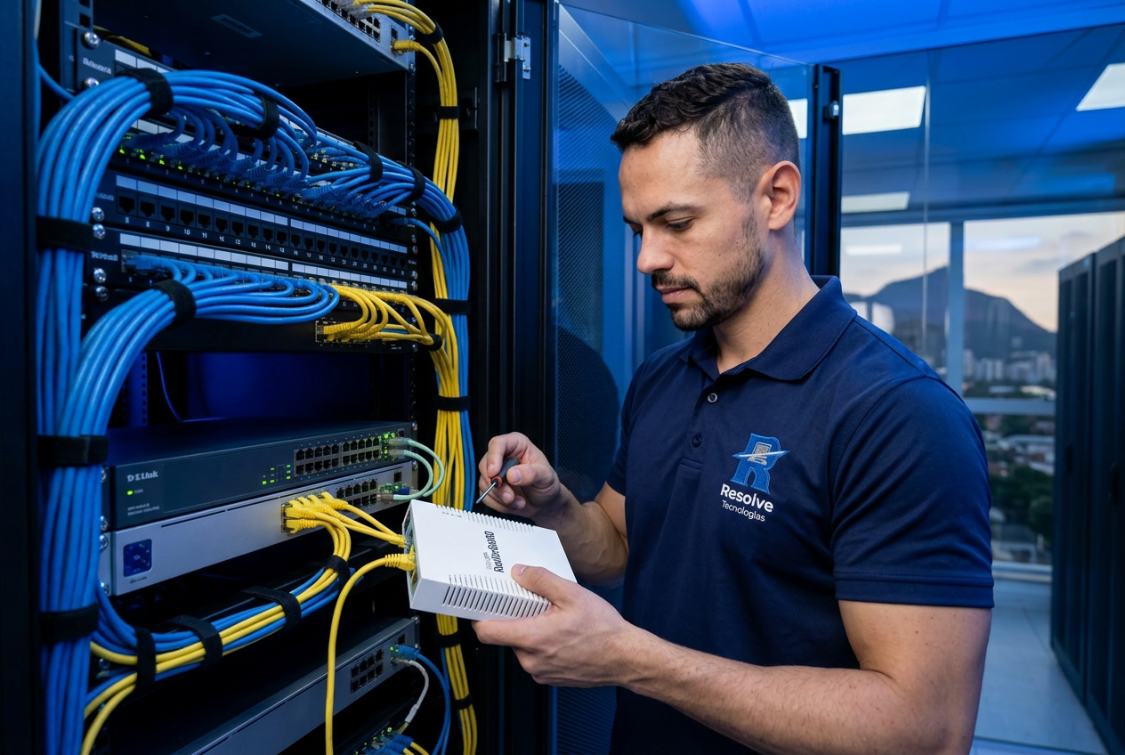 Técnico da Resolve Tecnologias instalando Mikrotik em rack corporativo no Rio de Janeiro