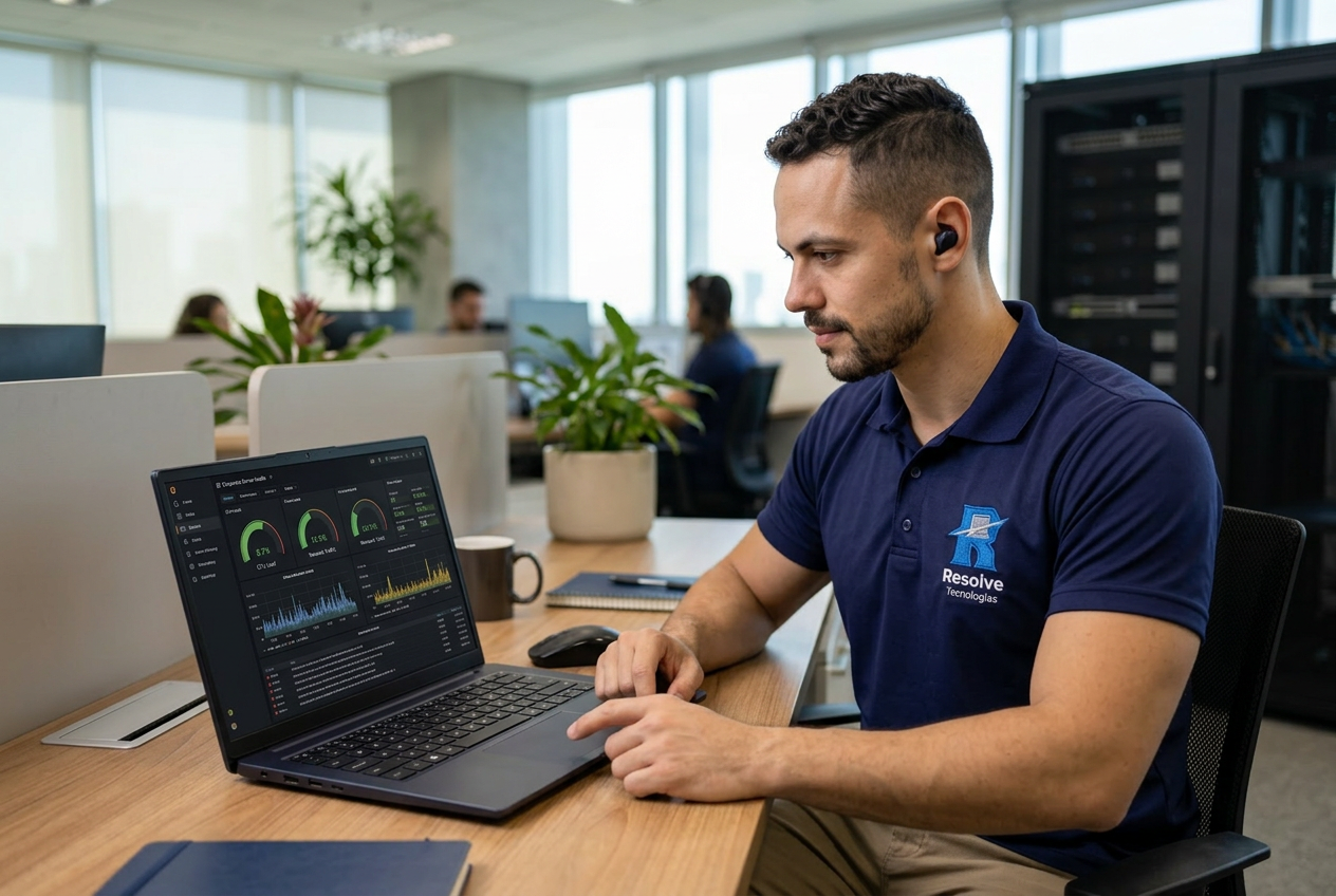 Técnico da Resolve Tecnologias analisando monitoramento de servidores empresariais