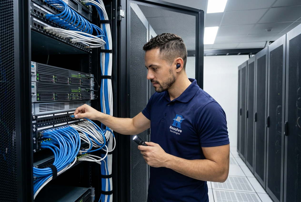 Técnico da Resolve Tecnologias verificando infraestrutura de servidores corporativos no Rio de Janeiro