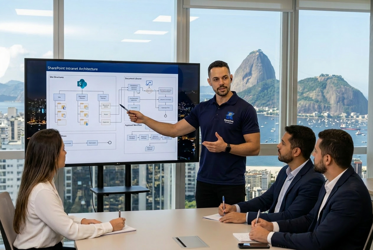 Técnico da Resolve Tecnologias apresentando solução SharePoint para empresas no Rio de Janeiro