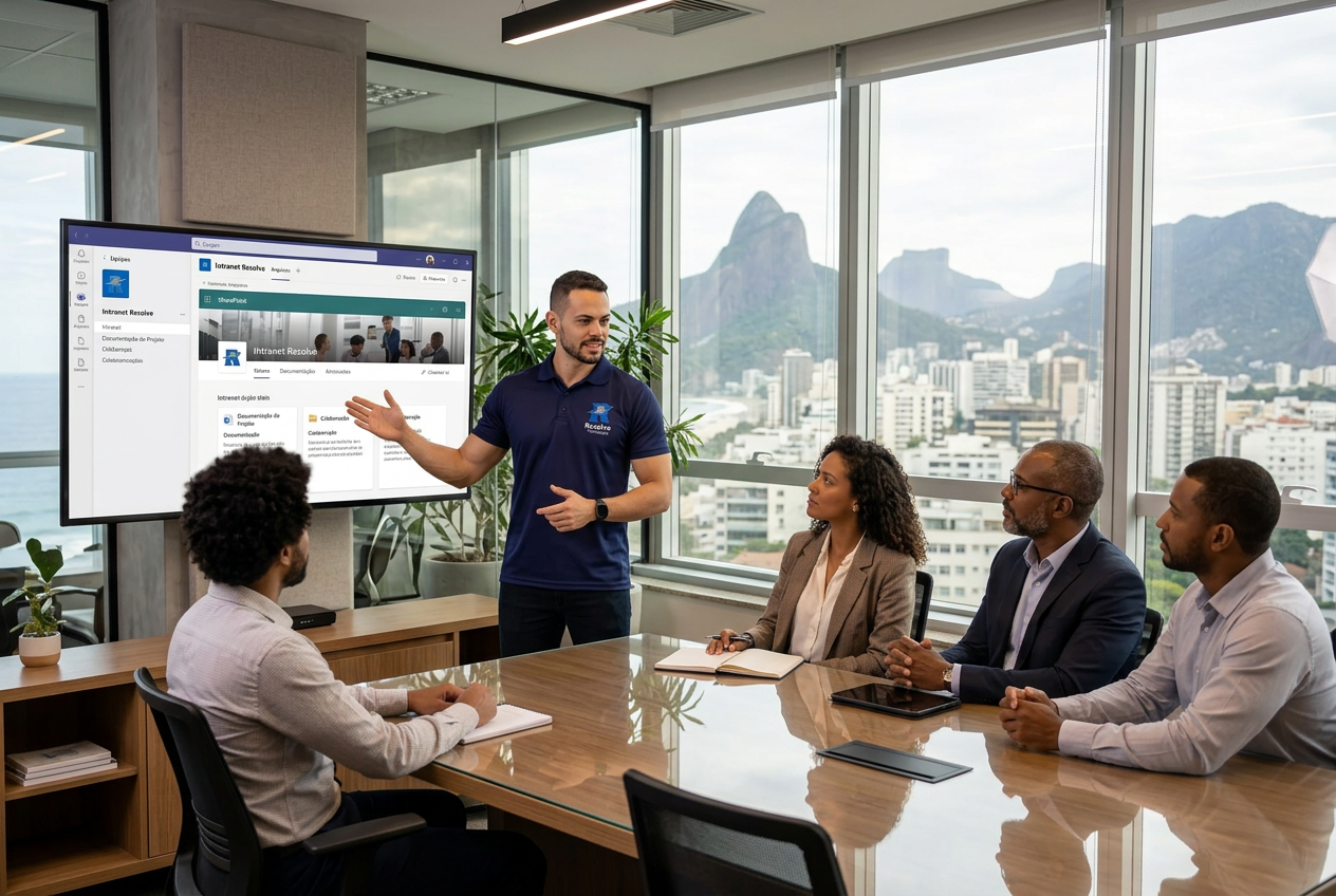 Técnico da Resolve Tecnologias apresentando SharePoint para gestores no Rio de Janeiro
