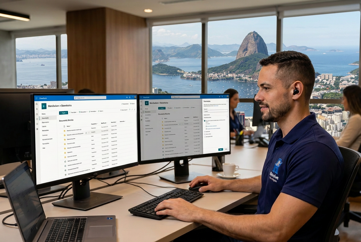 Técnico da Resolve Tecnologias configurando SharePoint para empresas no Rio de Janeiro