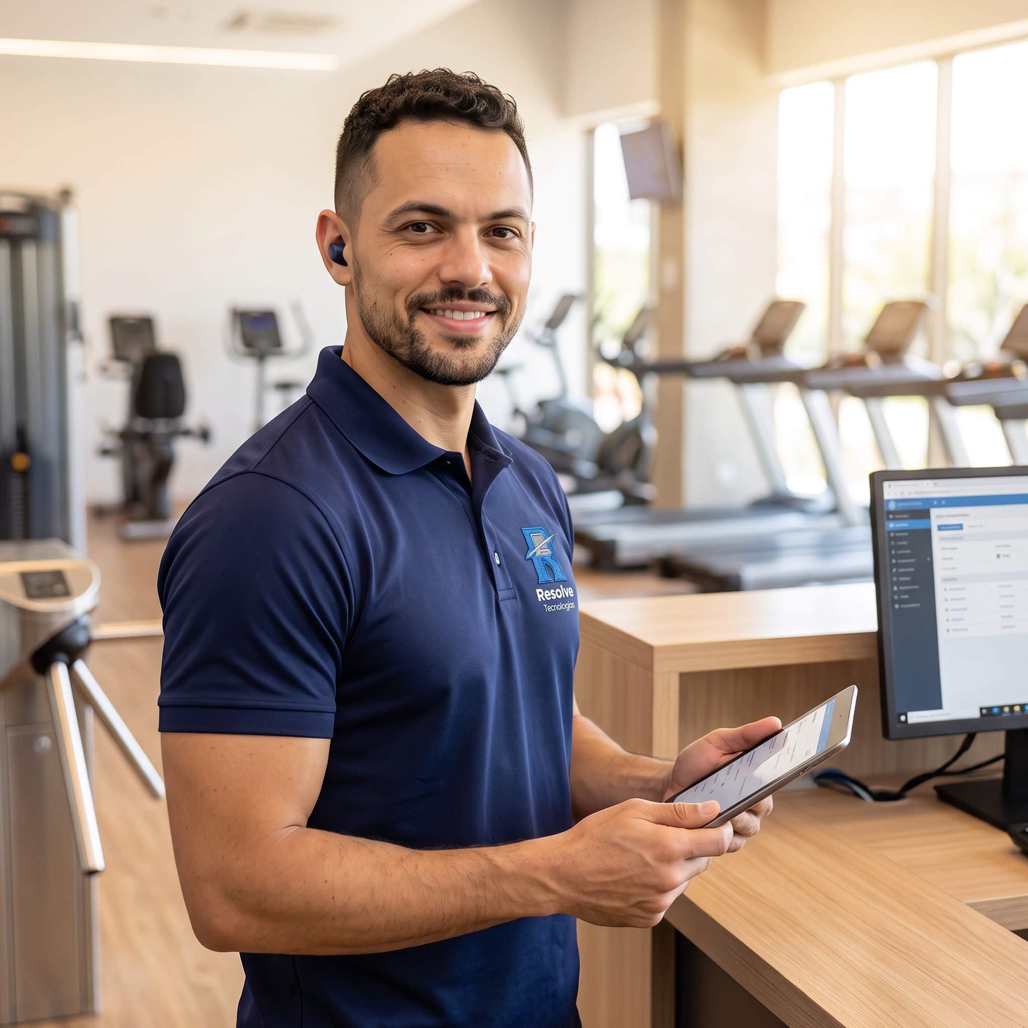 Técnico da Suporte de TI - Resolve Tecnologias prestando suporte técnico na recepção de uma academia no Rio de Janeiro, com computador, catraca, roteador de rede, impressora e cabeamento organizado