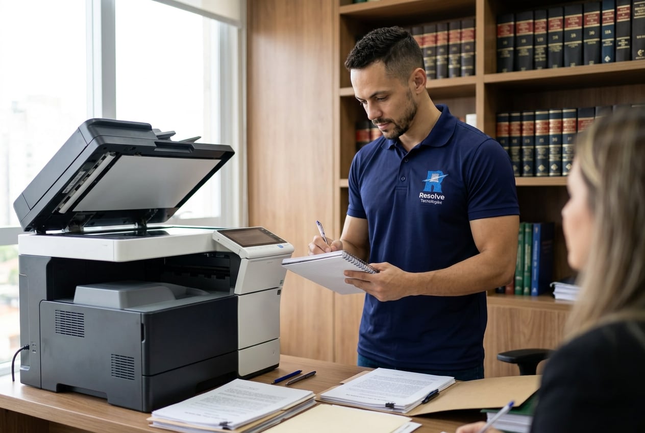 Técnico da Suporte de TI - Resolve Tecnologias prestando suporte técnico em escritório de advocacia no Rio de Janeiro, com notebook, impressora, documentos jurídicos e cabeamento organizado
