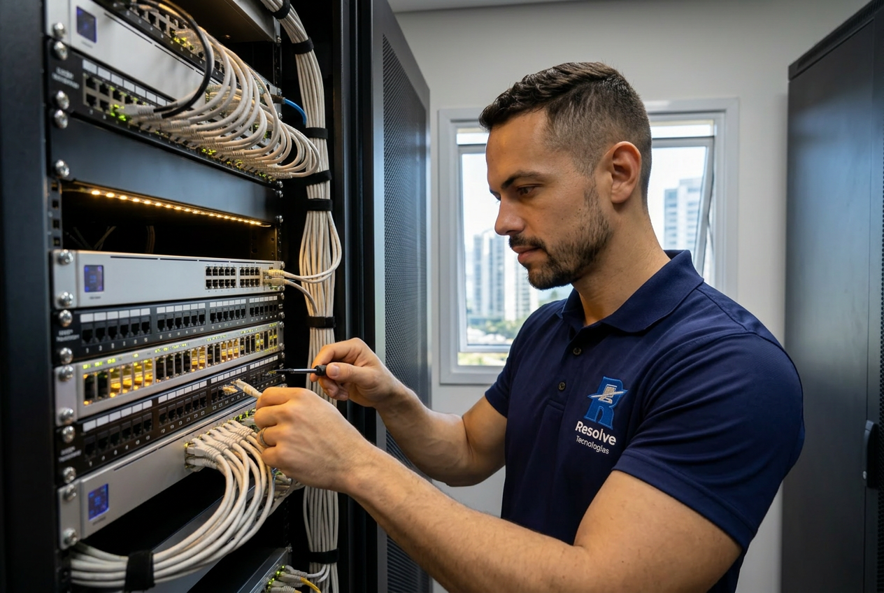 Técnico da Resolve Tecnologias verificando infraestrutura de TI na Barra da Tijuca
